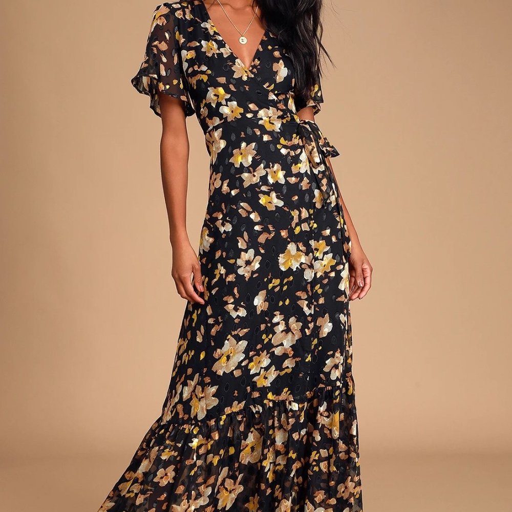 Lulu's Lean On Me Black Mutli Print Wrap Maxi Dress - Size S
